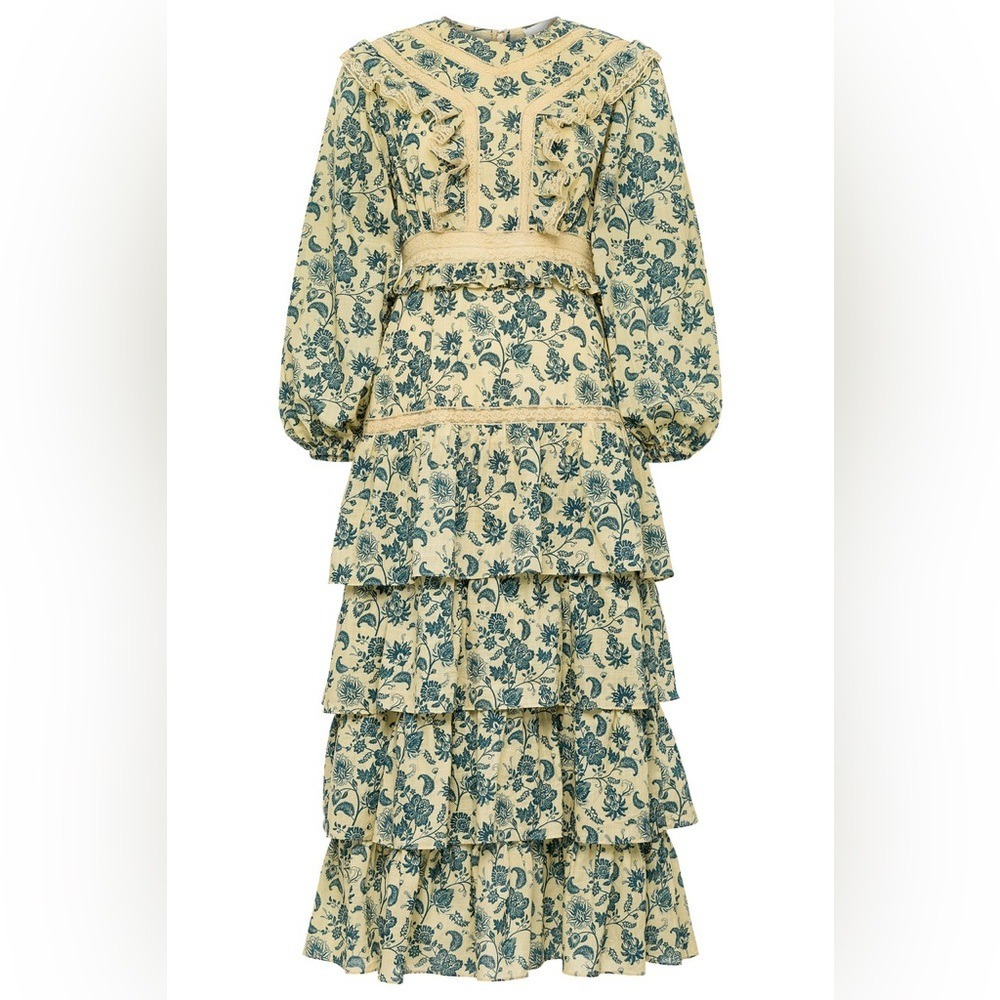Anna‎ Cate Floral Toile Lace Trim Tiered Maxi Dress Teal Cream Long Sleeve Boho